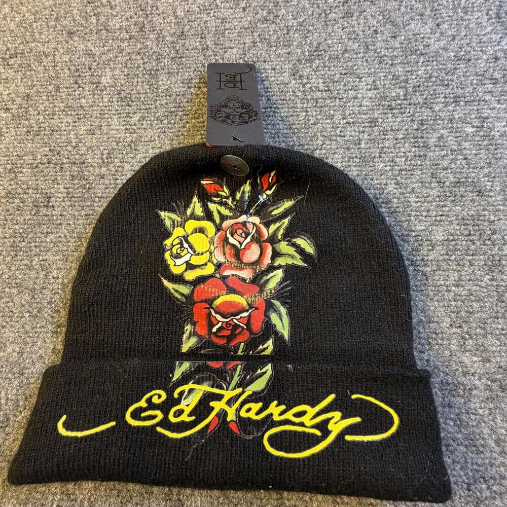 Ed Hardy Black Beanie with Floral‎ Design #942